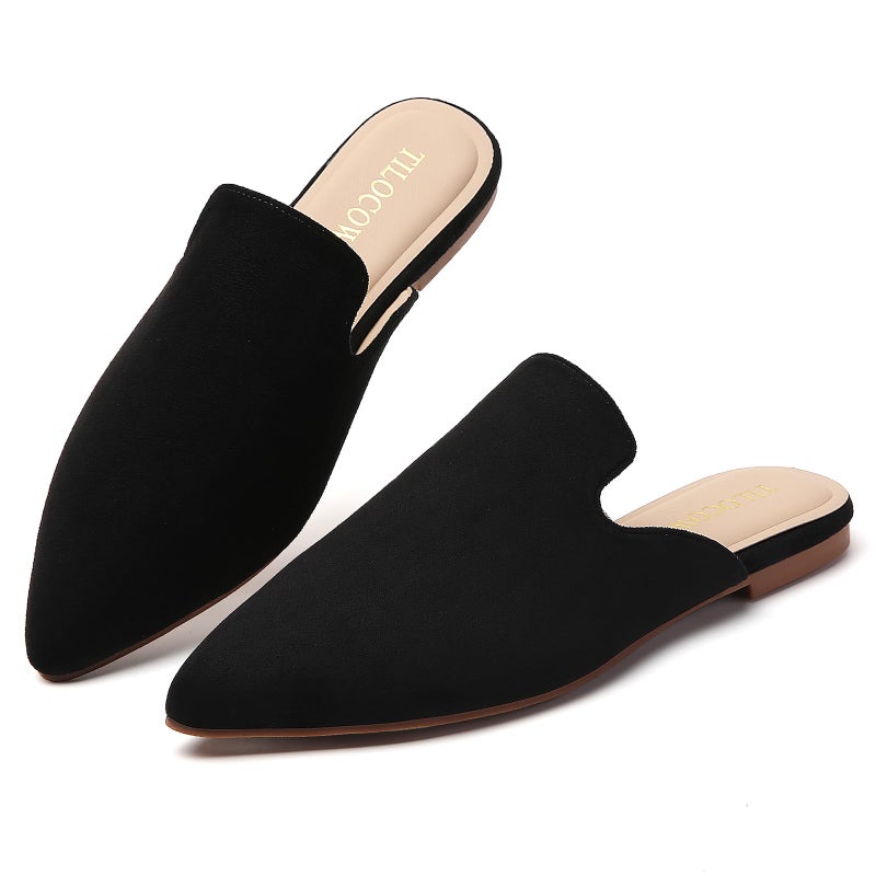 Tilocow Mules for Women Flats Pointed Toe Slip On Backless Loafers Flat Mule Business Casual Shoes Slides B Black - Image 1